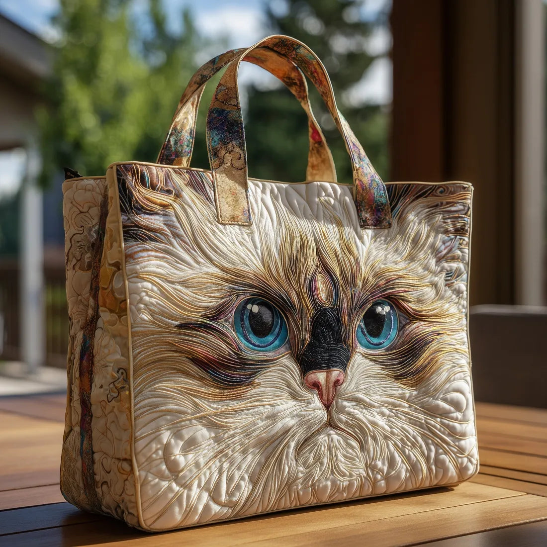 Bolso acolchado con gato blanco ojos azules