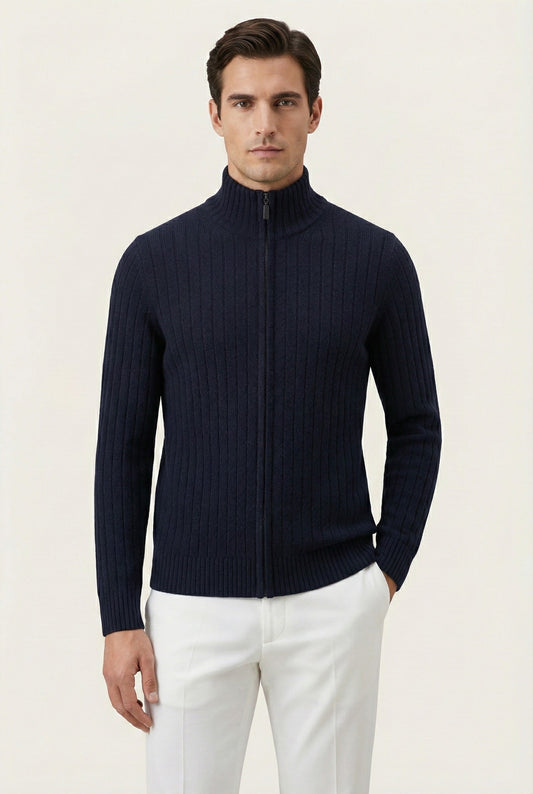 Leon Rib Zip-Up Navy | Ribbed Zip-Up Knit