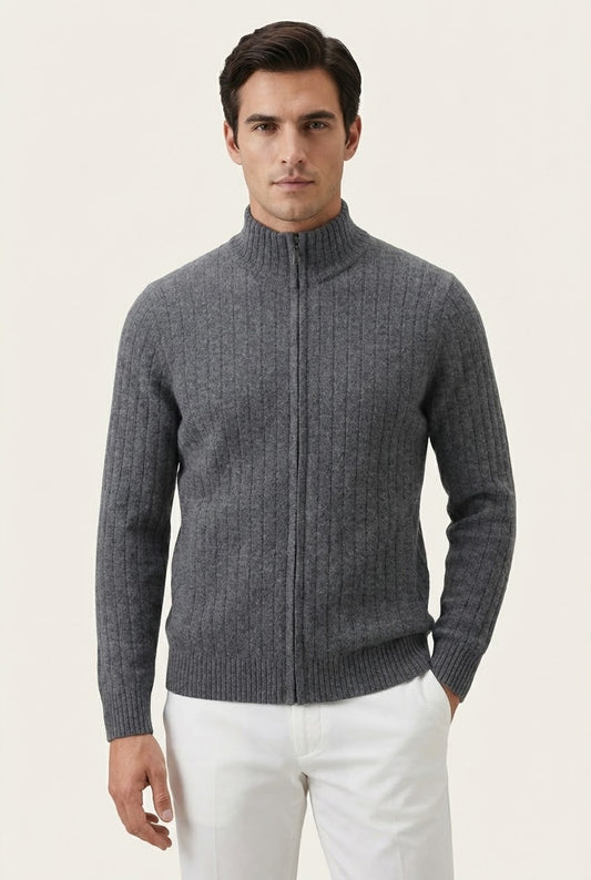 Leon Rib Zip-Up Grey | Ribbed Zip-Up Knit