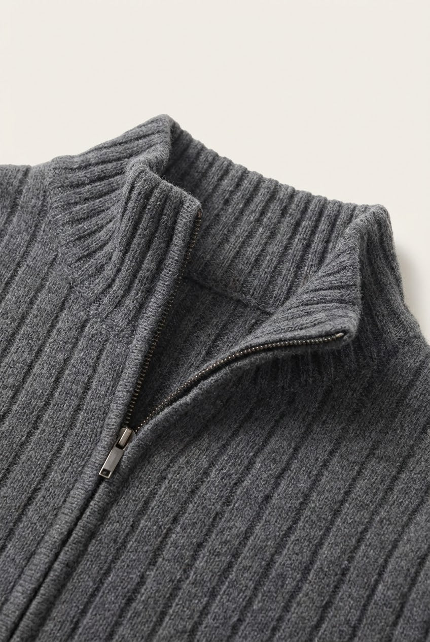 Leon Rib Zip-Up Grey | Ribbed Zip-Up Knit