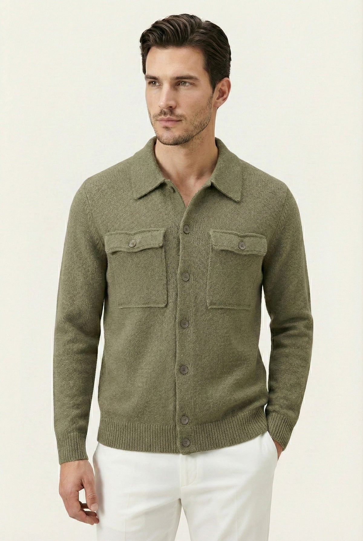 Santio Knit Cardigan Green | Button-Front Knit with Chest Pockets