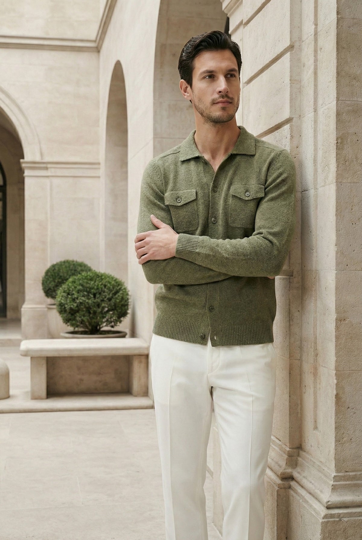 Santio Knit Cardigan Green | Button-Front Knit with Chest Pockets