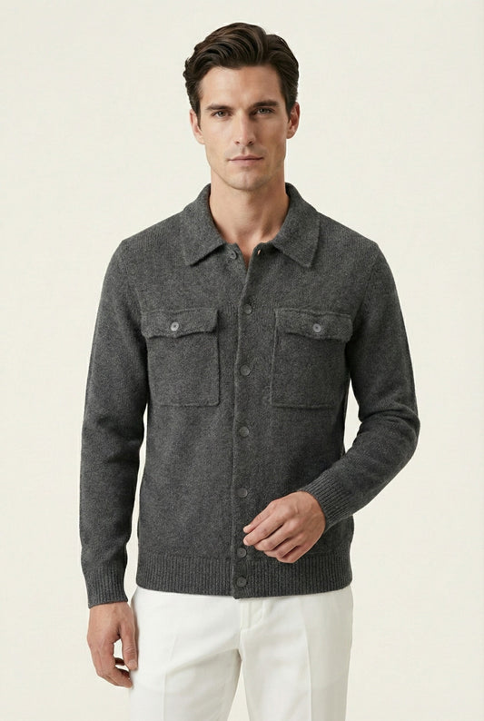 Santio Knit Cardigan Grey | Button-Front Knit with Chest Pockets