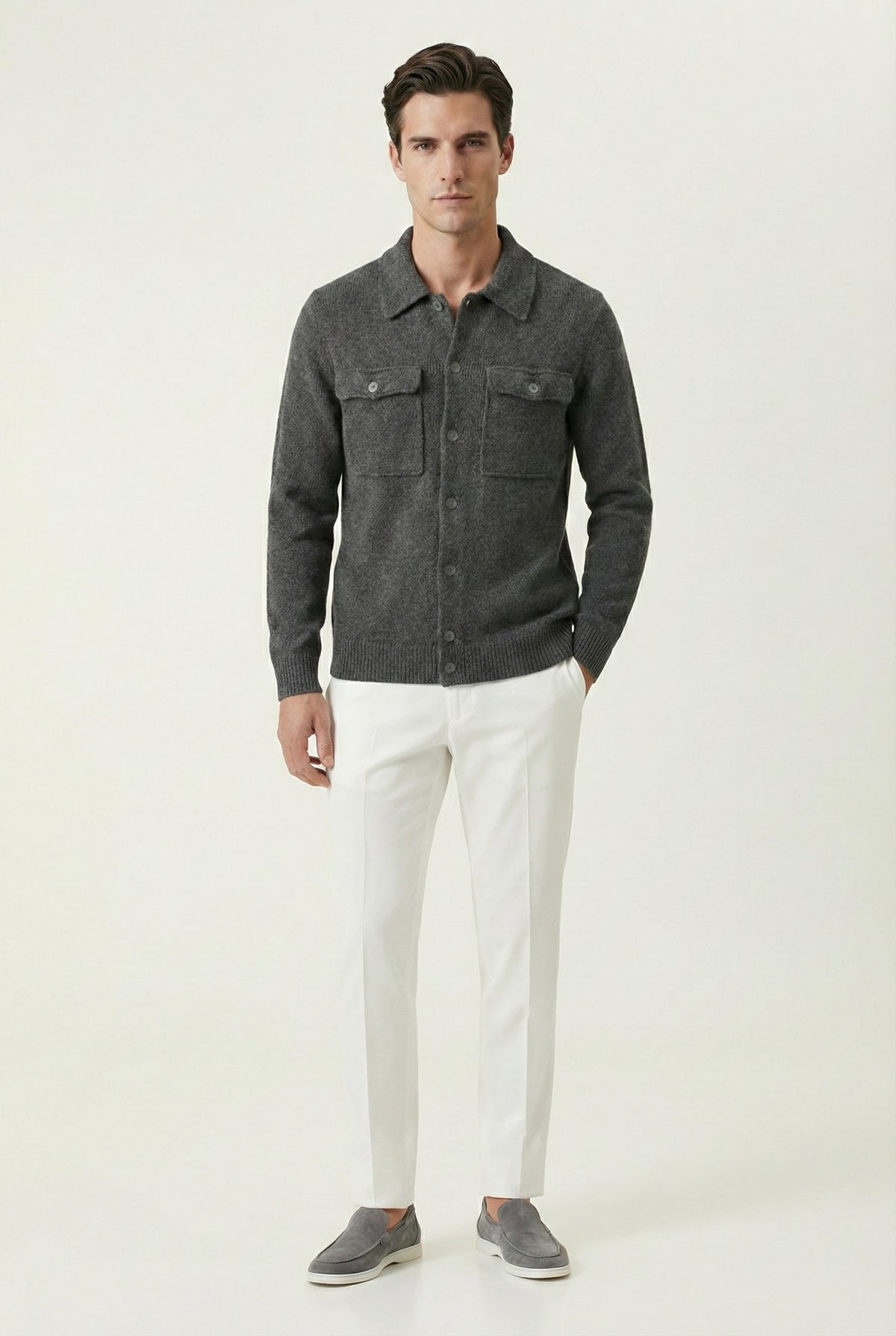 Santio Knit Cardigan Grey | Button-Front Knit with Chest Pockets