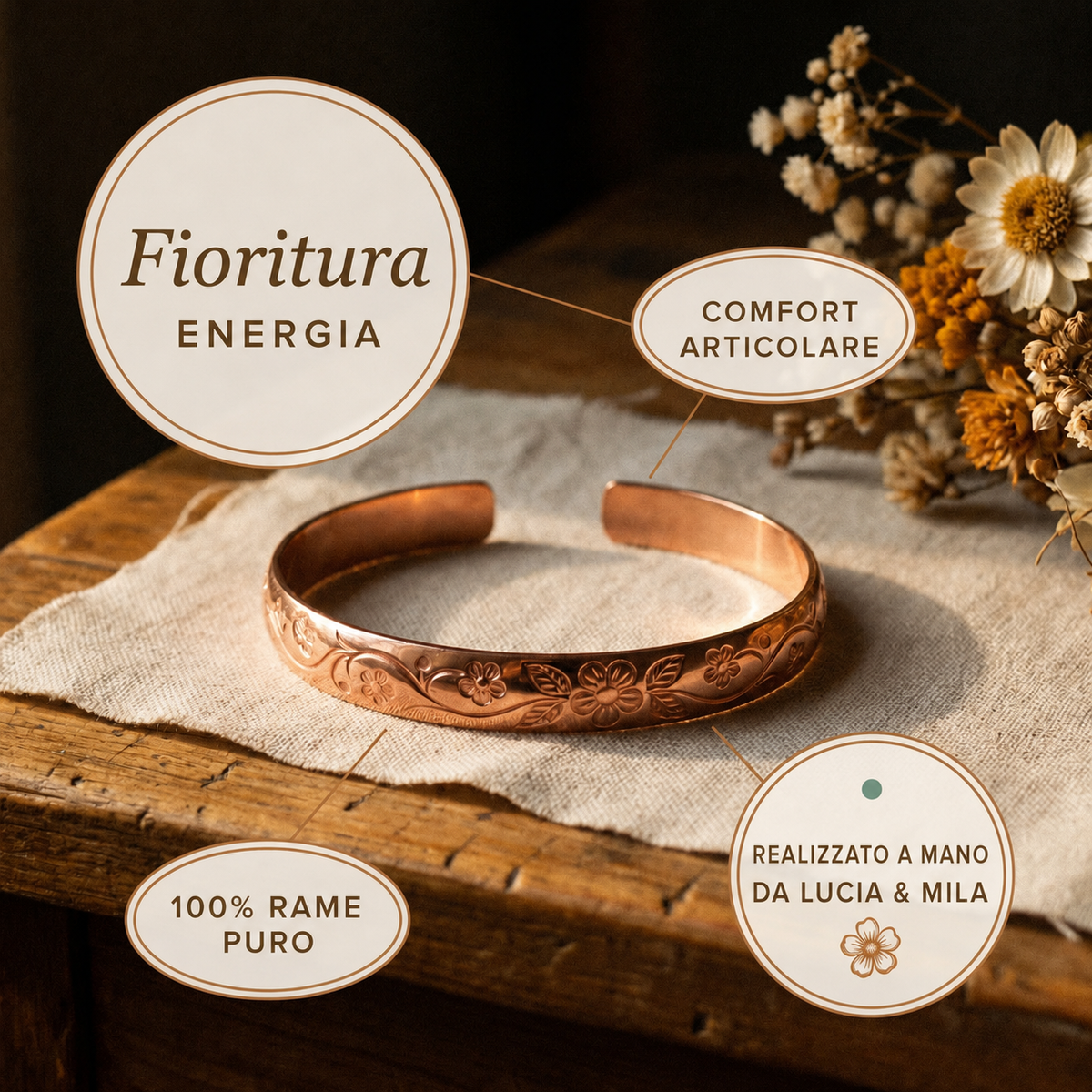 Pulsera de cobre con detalle floral