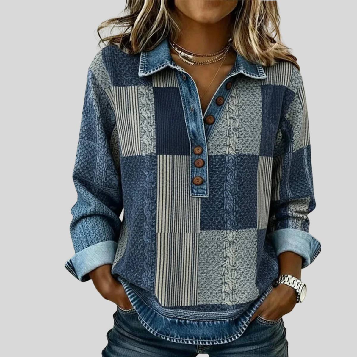 Blusa patchwork con cuello y botones