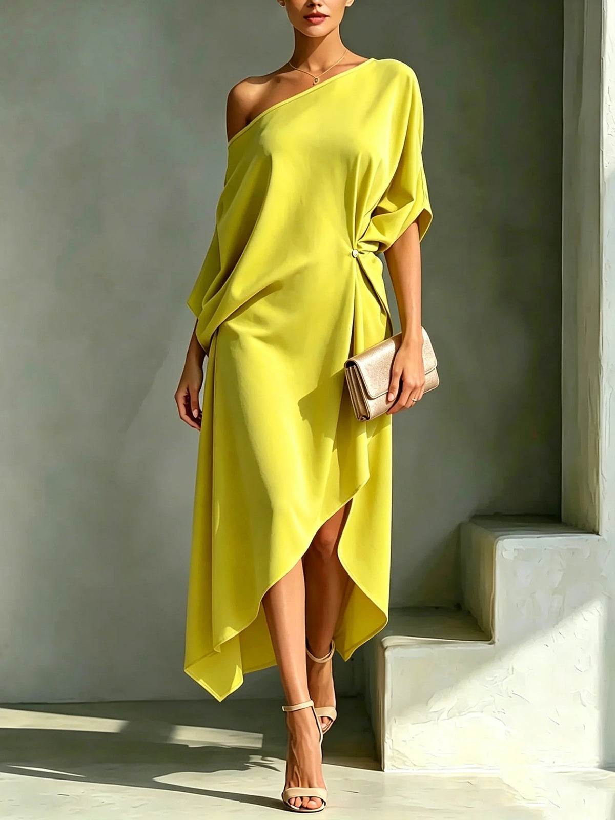 Vestido midi con drapeado asimétrico