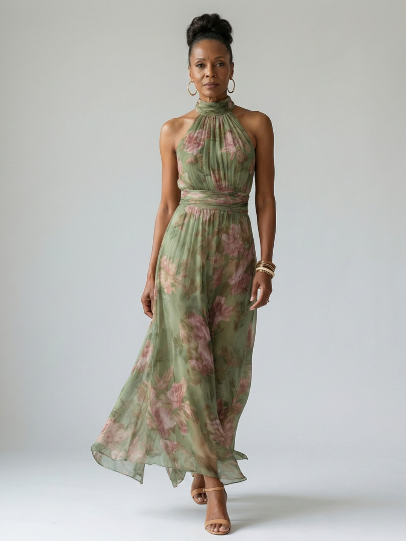 Vestido midi floral con escote halter