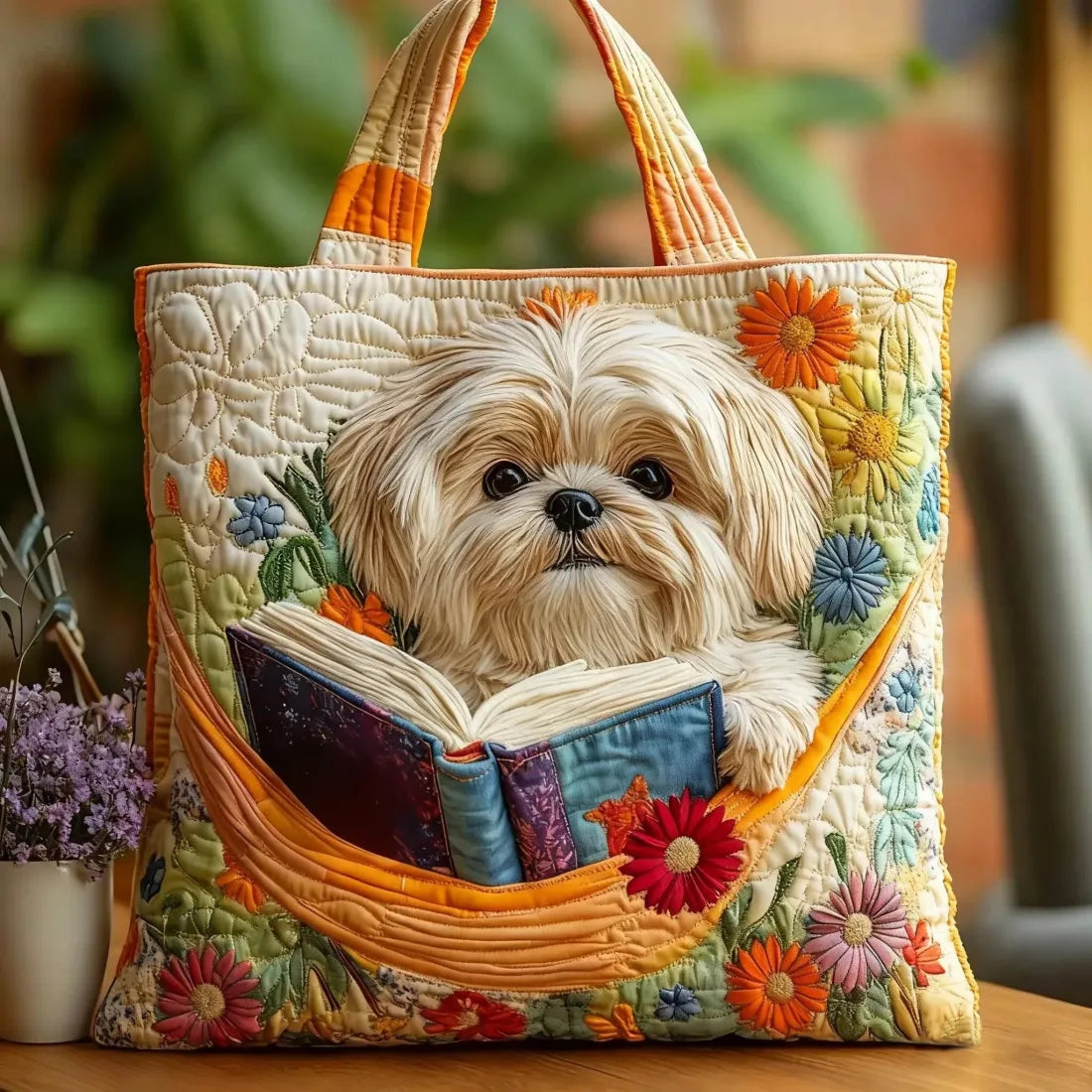 Bolso acolchado con perro Shih Tzu y flores