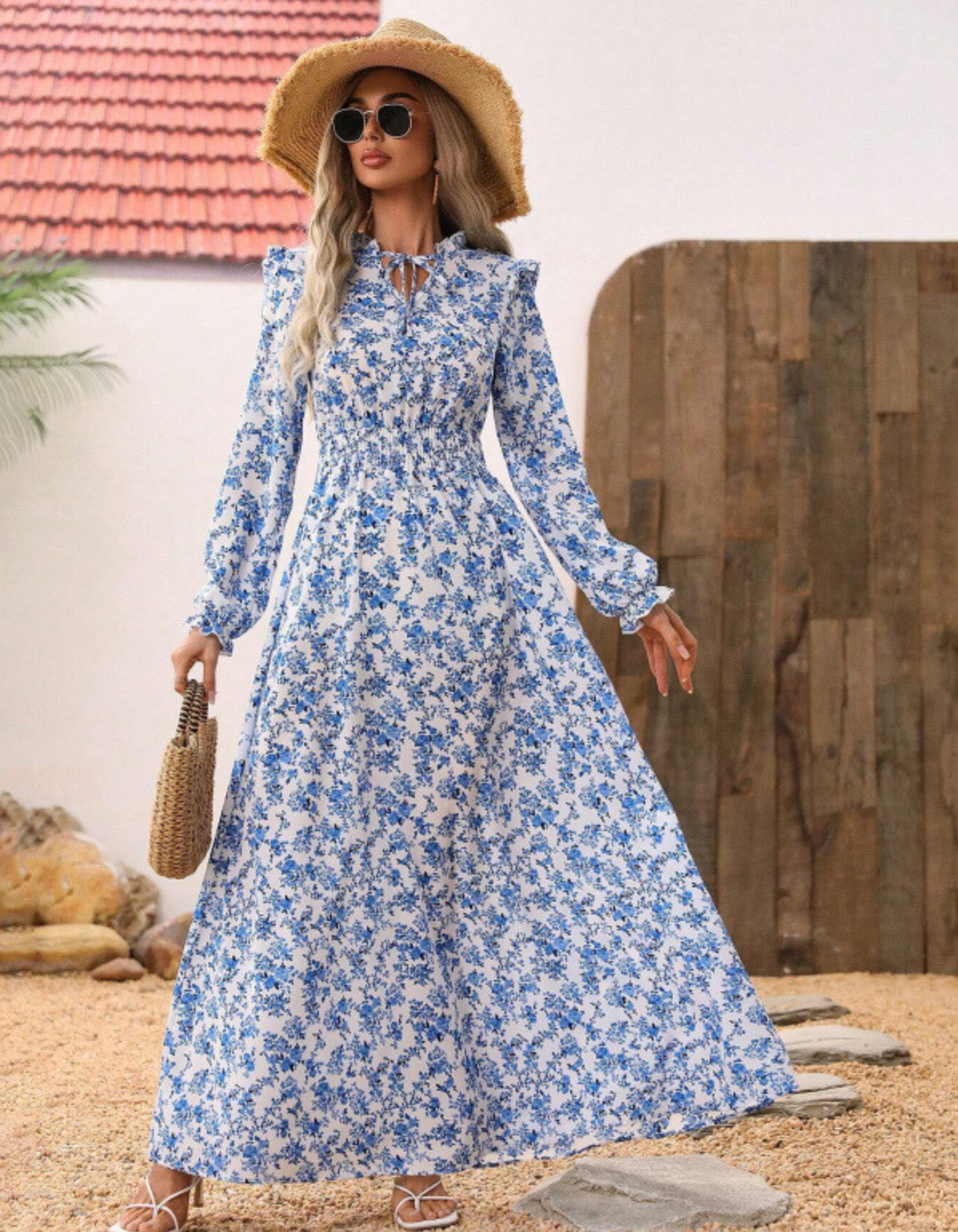 Vestido largo floral con manga larga