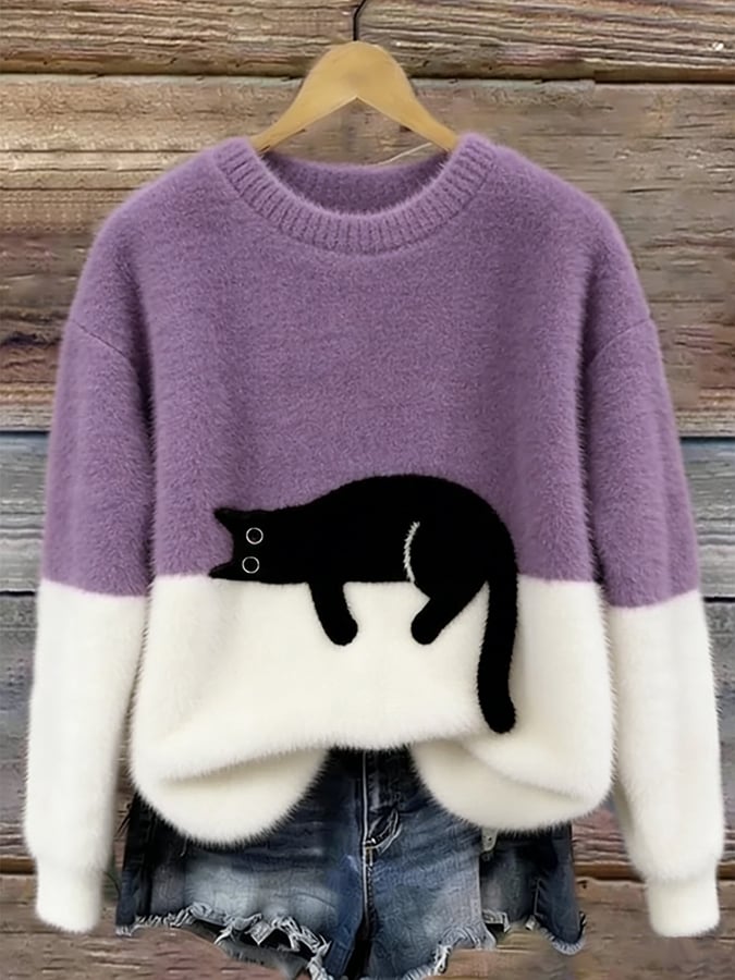 Jersey de punto con gato estampado