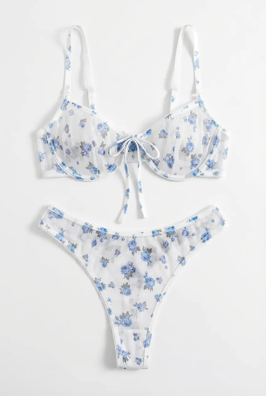 Blue Blossom | Floral Mesh Lingerie Set