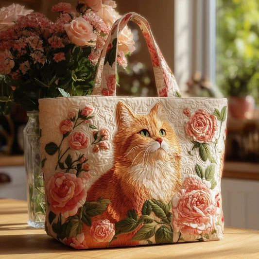 Bolso de mano acolchado con gato y rosas