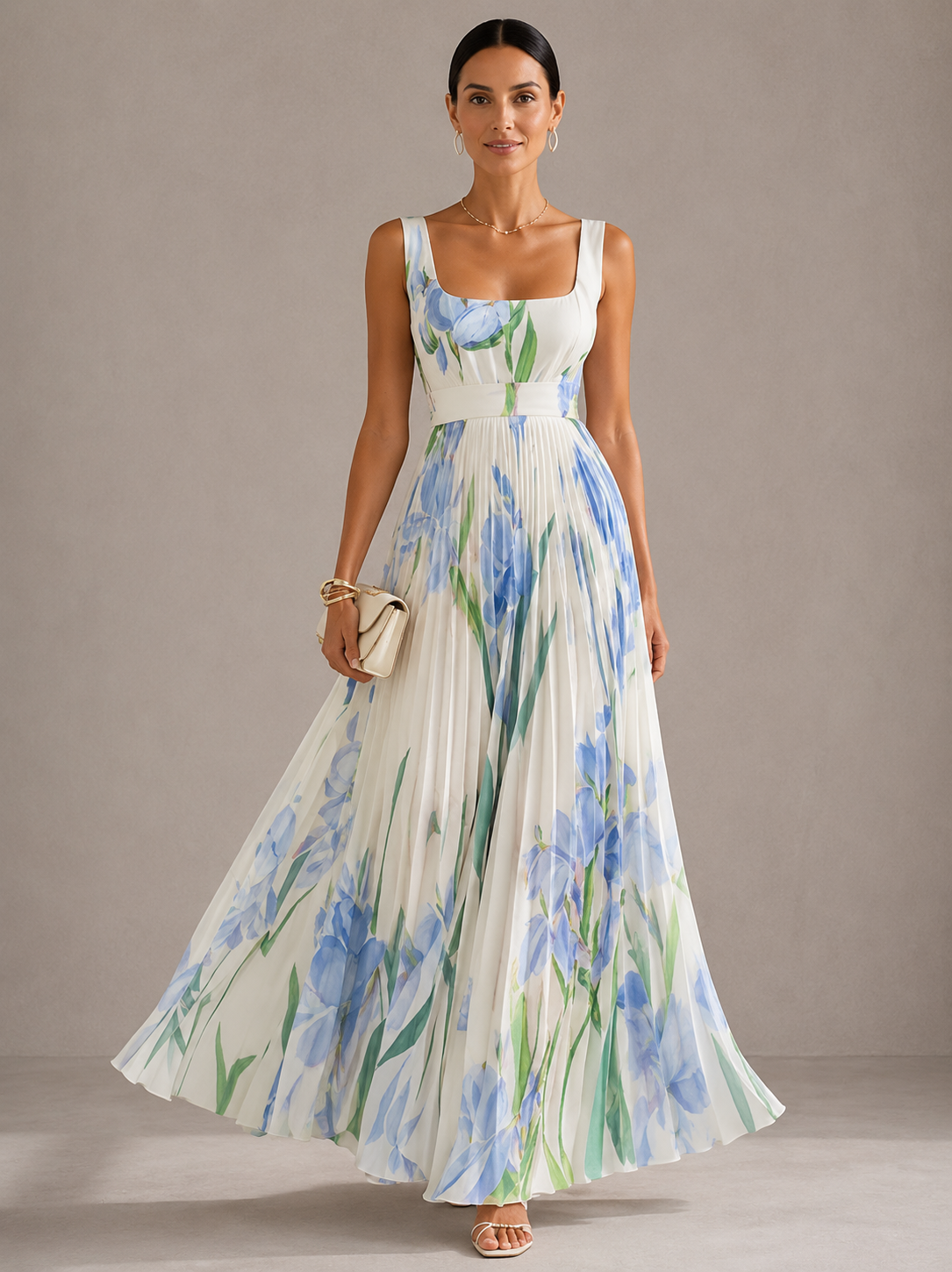 Vestido largo plisado con estampado floral
