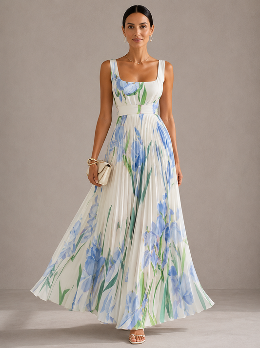 Vestido largo plisado con estampado floral