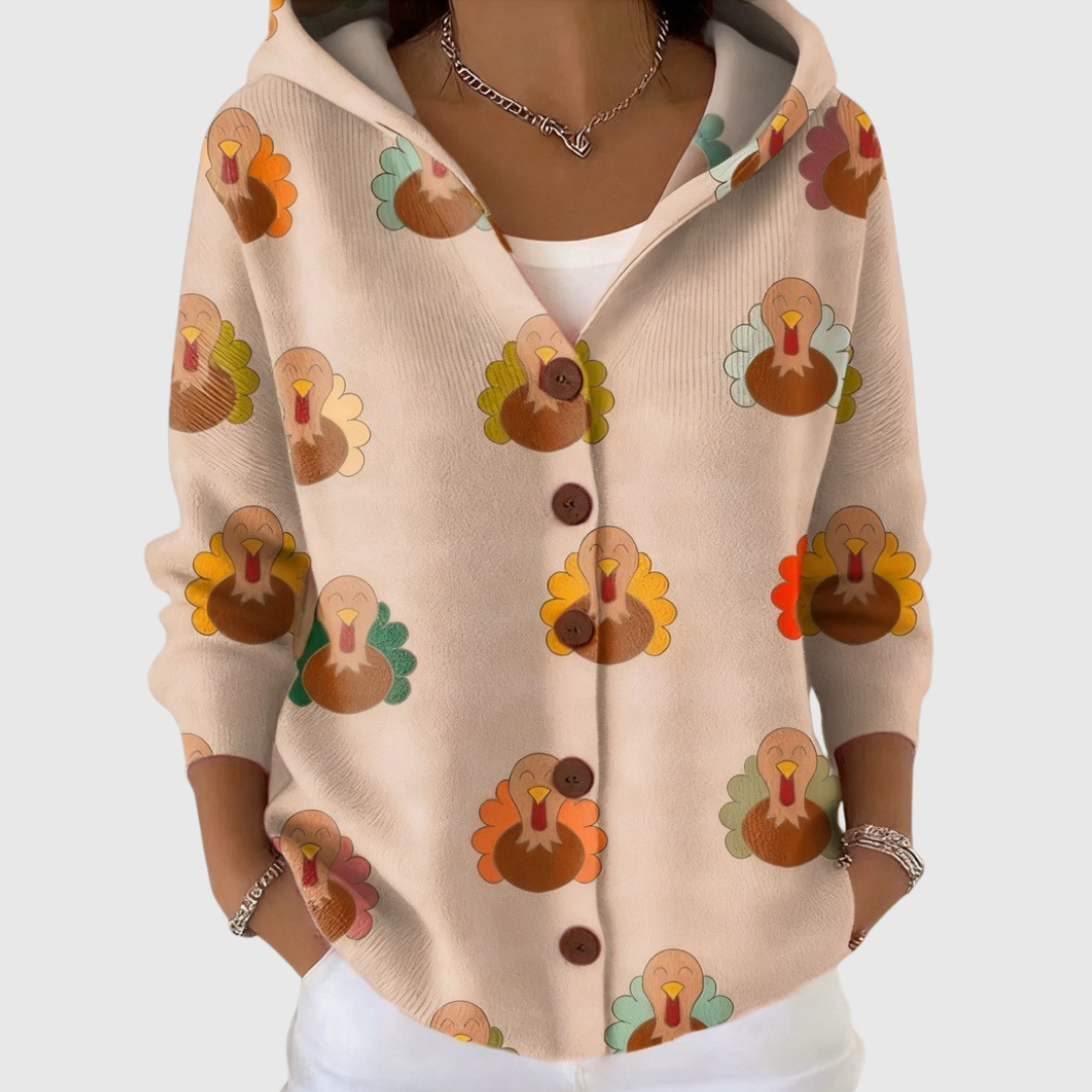 Chaqueta de punto con capucha y estampado de pavos