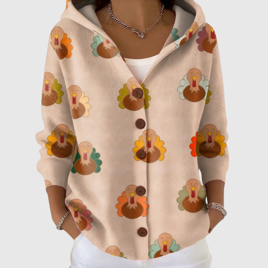 Chaqueta de punto con capucha y estampado de pavos