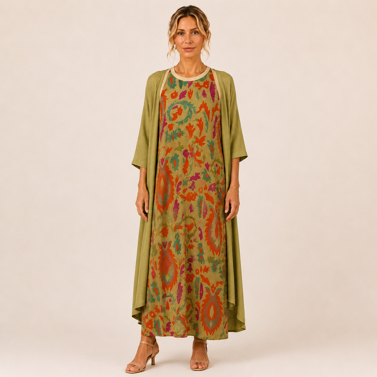 Conjunto de vestido largo y chaleco
