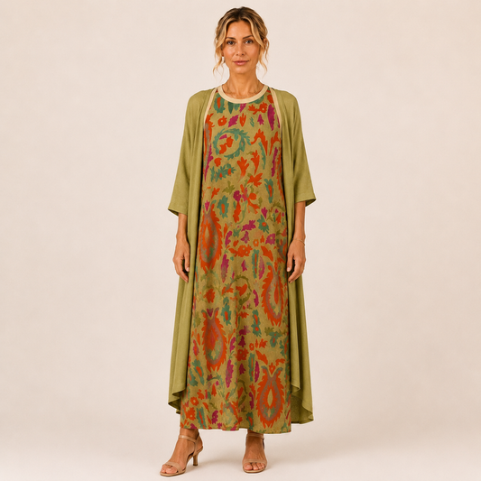 Conjunto de vestido largo y chaleco