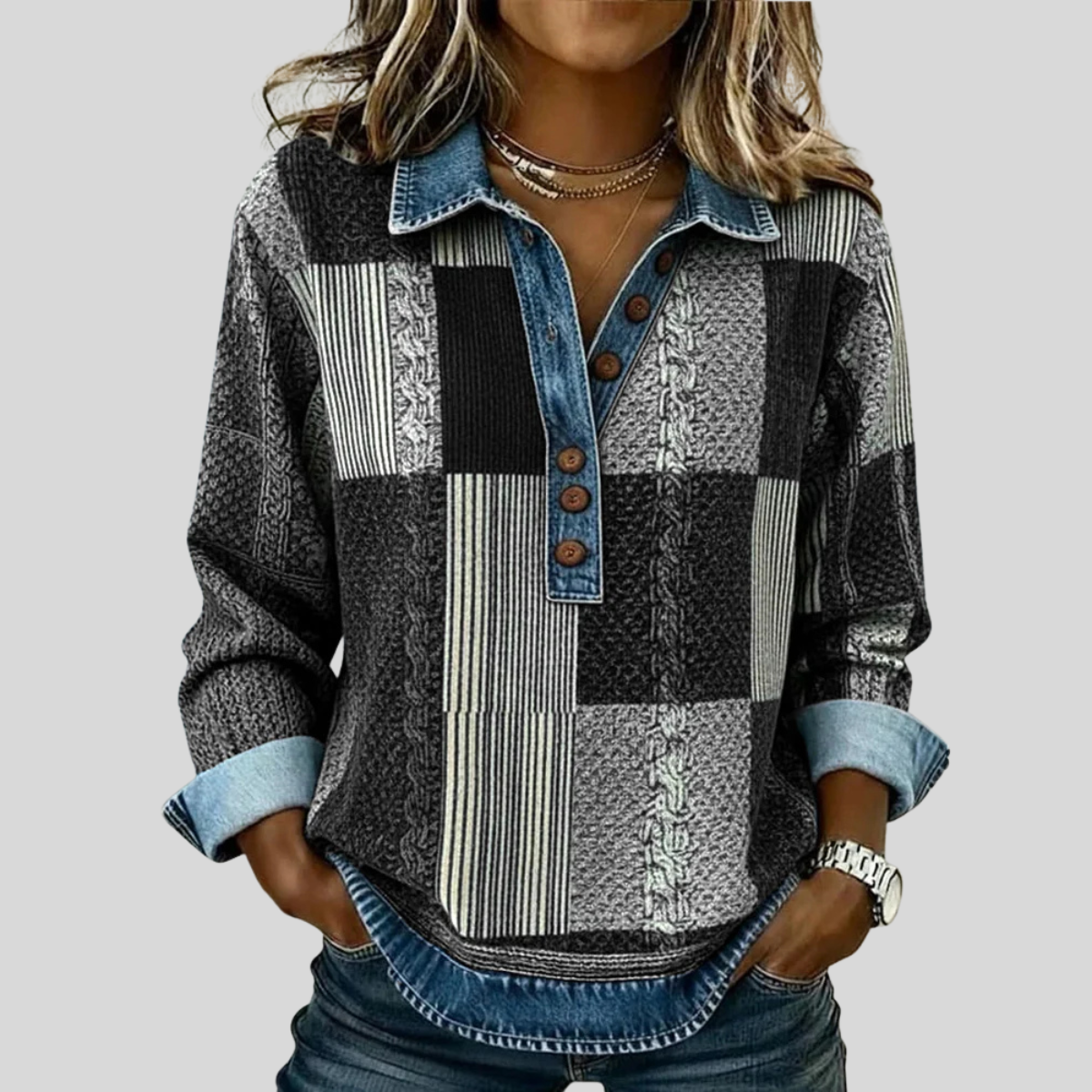 Blusa patchwork con cuello y botones
