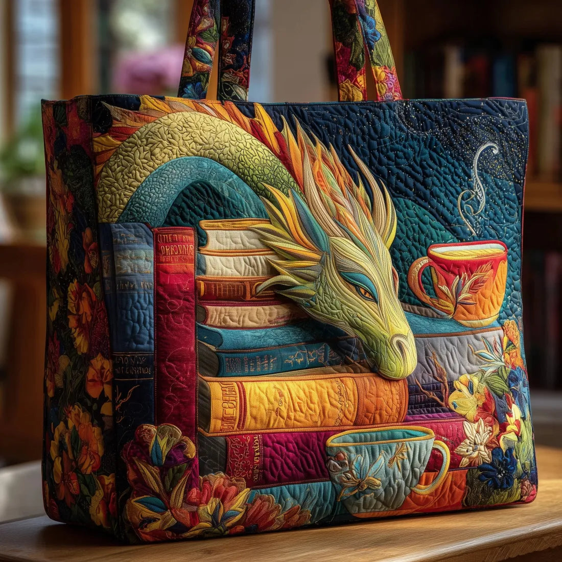 Bolso acolchado con dragón, libros y tazas