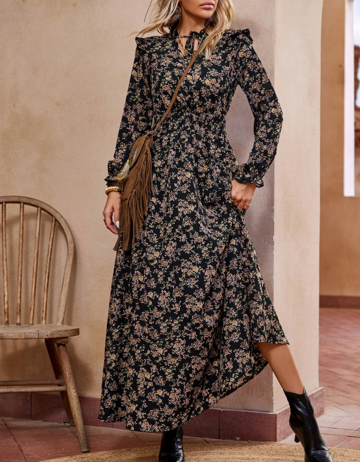 Vestido largo floral con manga larga