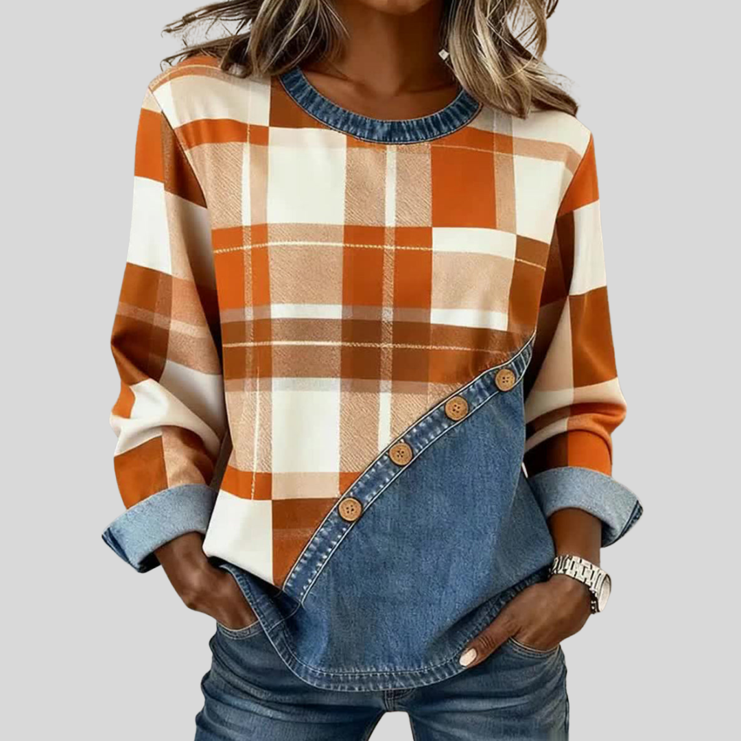 Blusa patchwork con cuadros y detalles en contraste