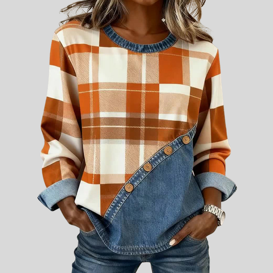 Blusa patchwork con cuadros y detalles en contraste