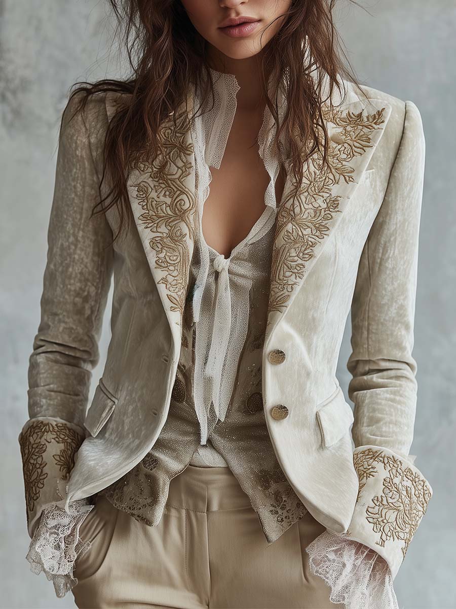 Blazer sastre con bordado floral dorado