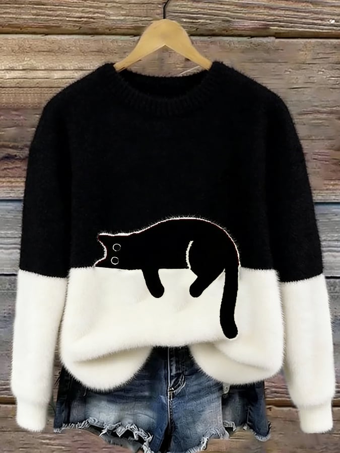 Jersey de punto con gato estampado
