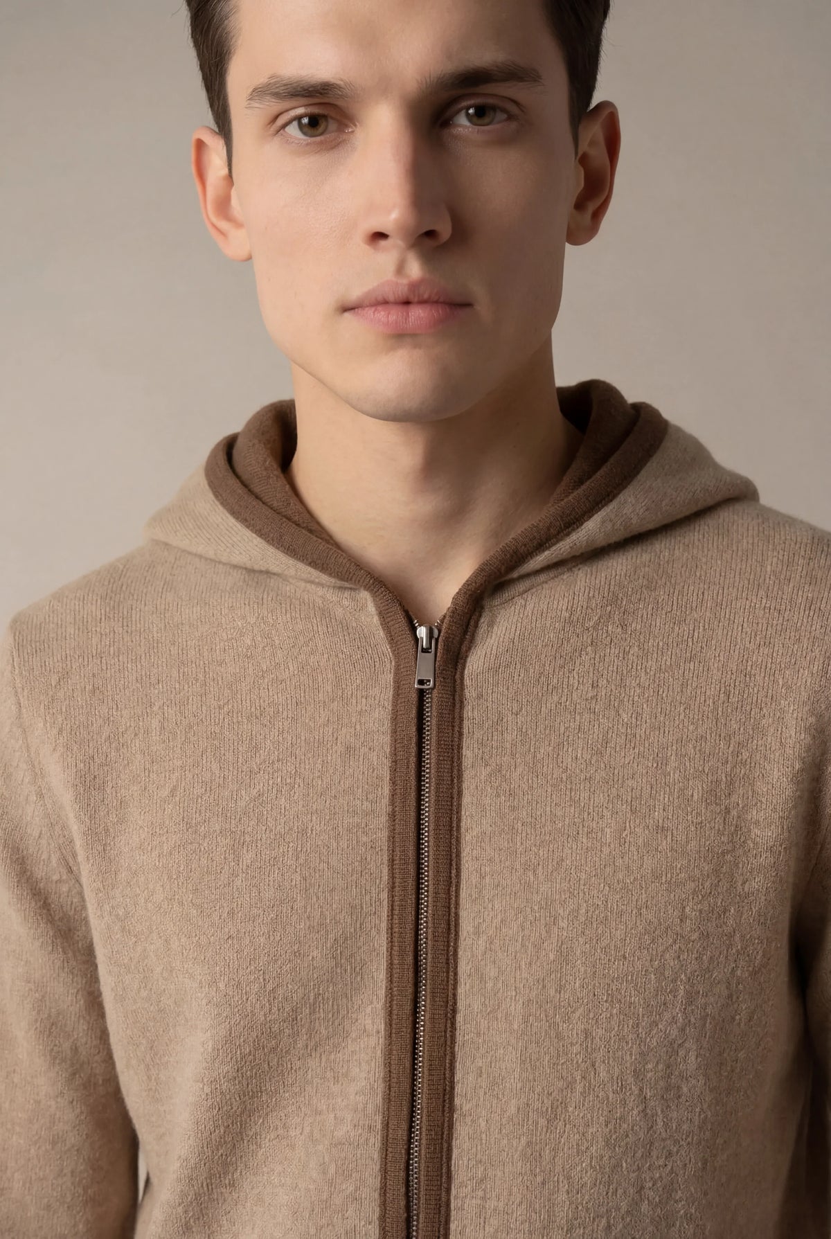 Santoni Hoodie Cream | Extrafine Zip-Up Knit Hoodie