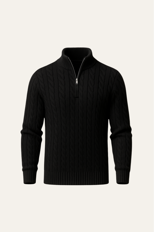 Sero Zip Knit Black | Cable-Knit Merino Sweater