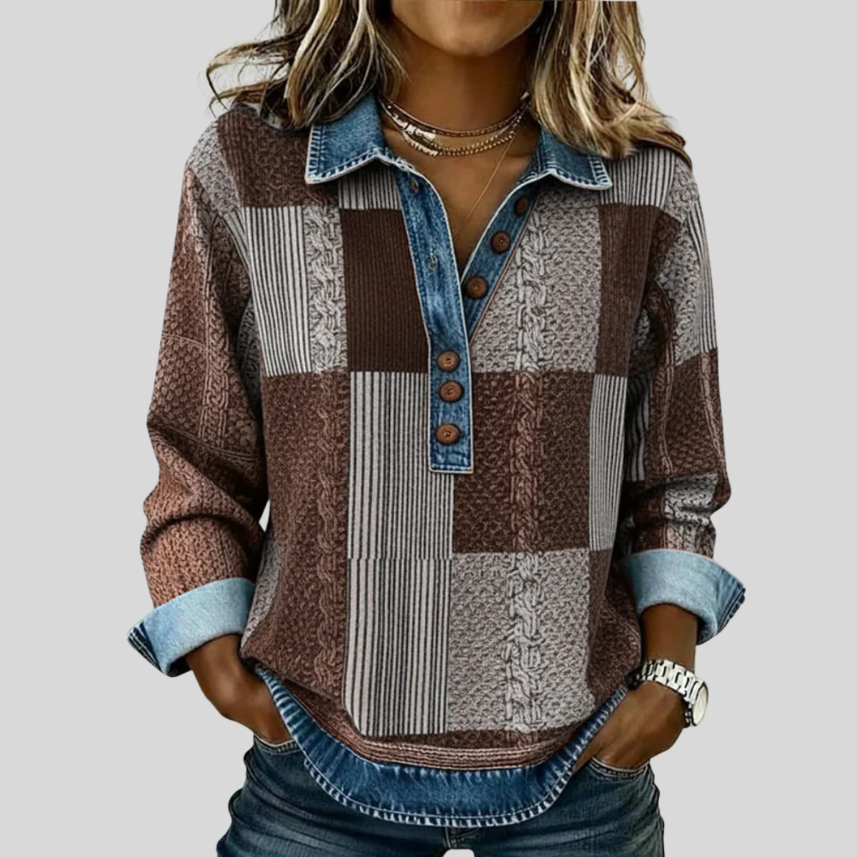 Blusa patchwork con cuello y botones