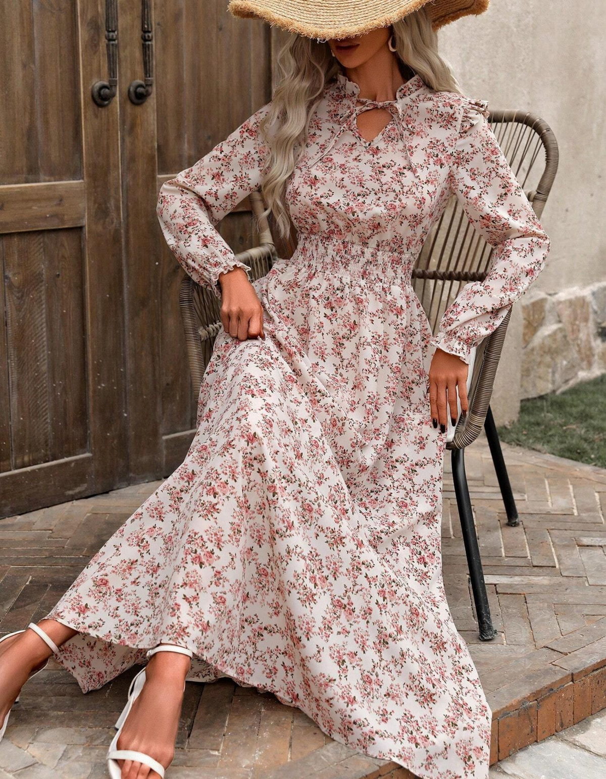Vestido largo floral con manga larga