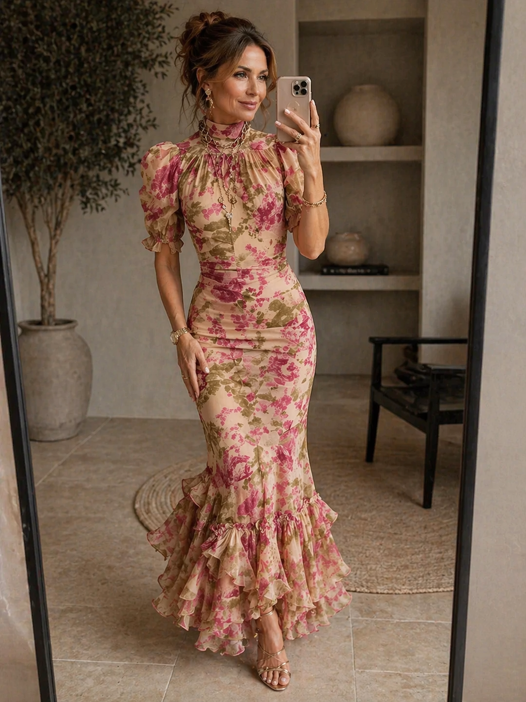 Vestido largo floral con mangas abullonadas
