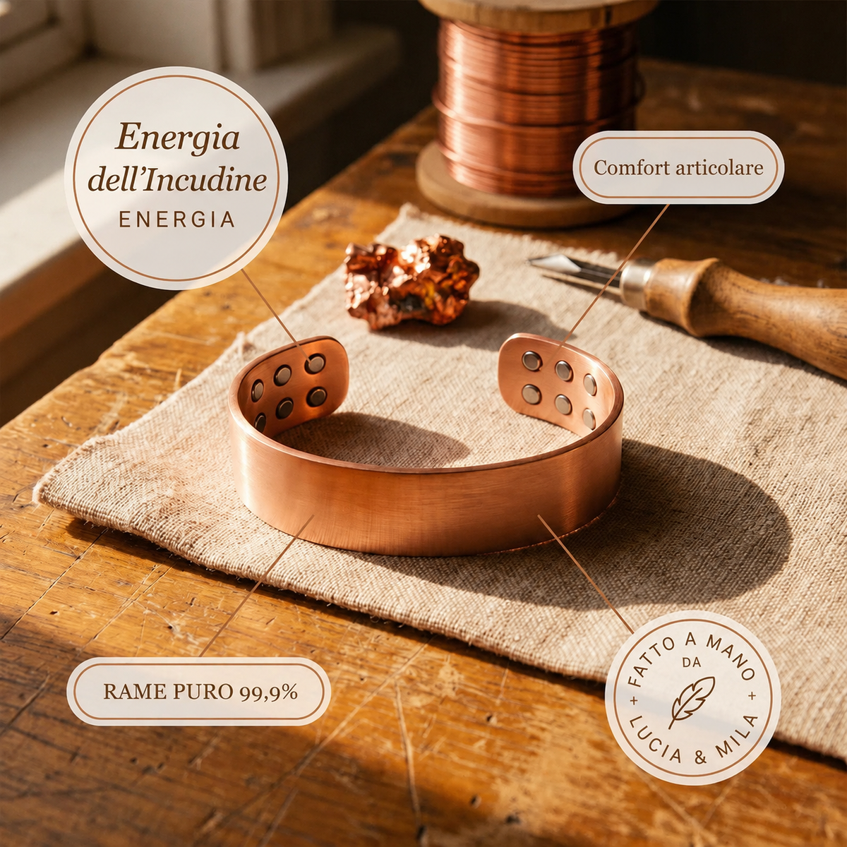 Pulsera de cobre martillado con magnete