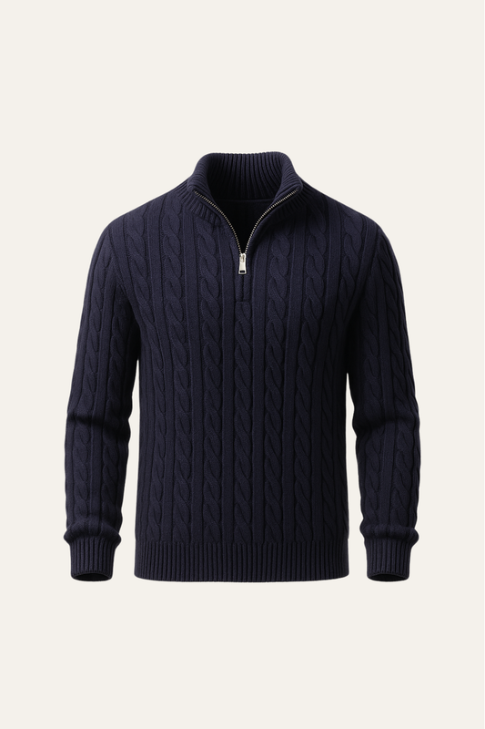 Sero Zip Knit Navy | Cable-Knit Merino Sweater