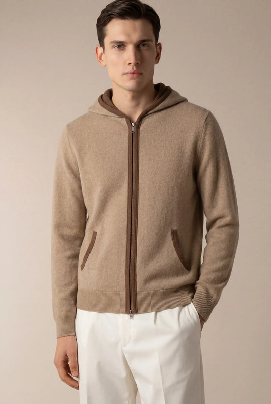 Santoni Hoodie Cream | Extrafine Zip-Up Knit Hoodie