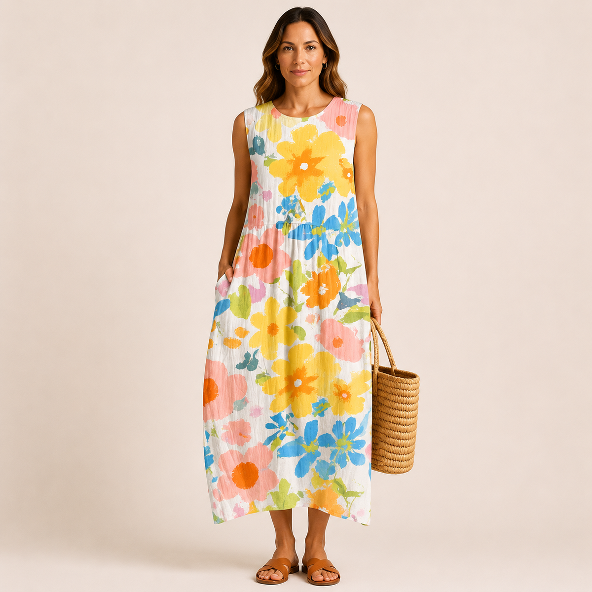 Vestido midi con flores en pastel