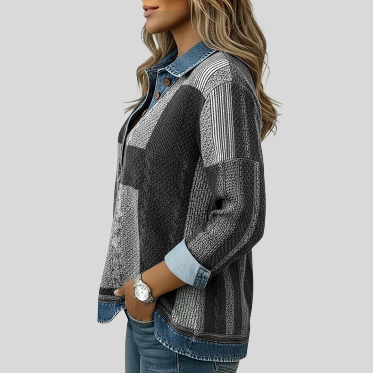 Blusa patchwork con cuello y botones