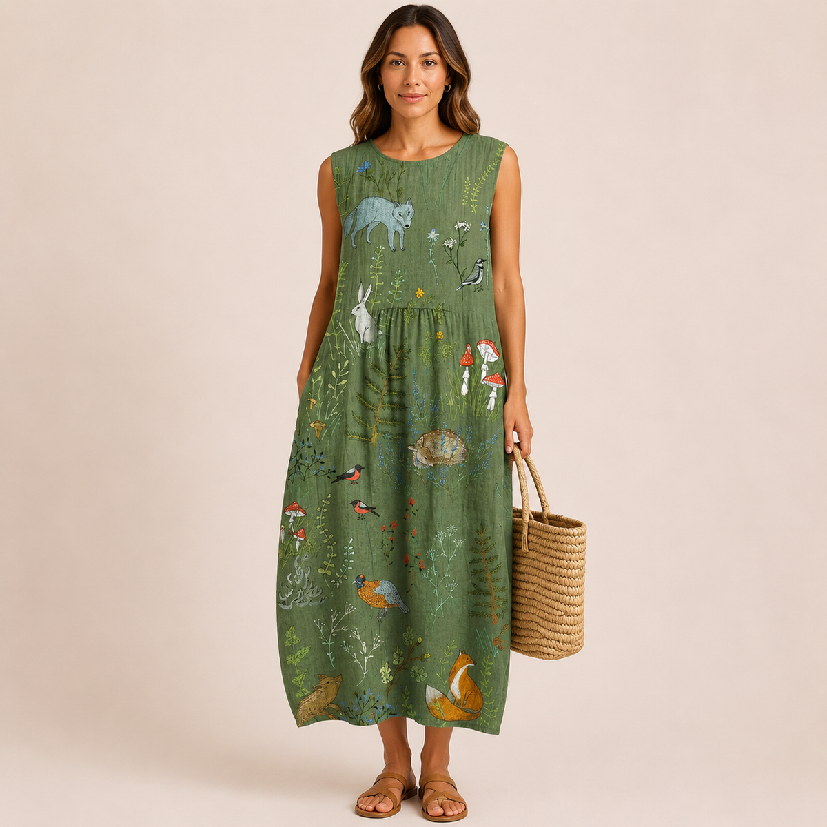 Vestido midi con estampado de bosque
