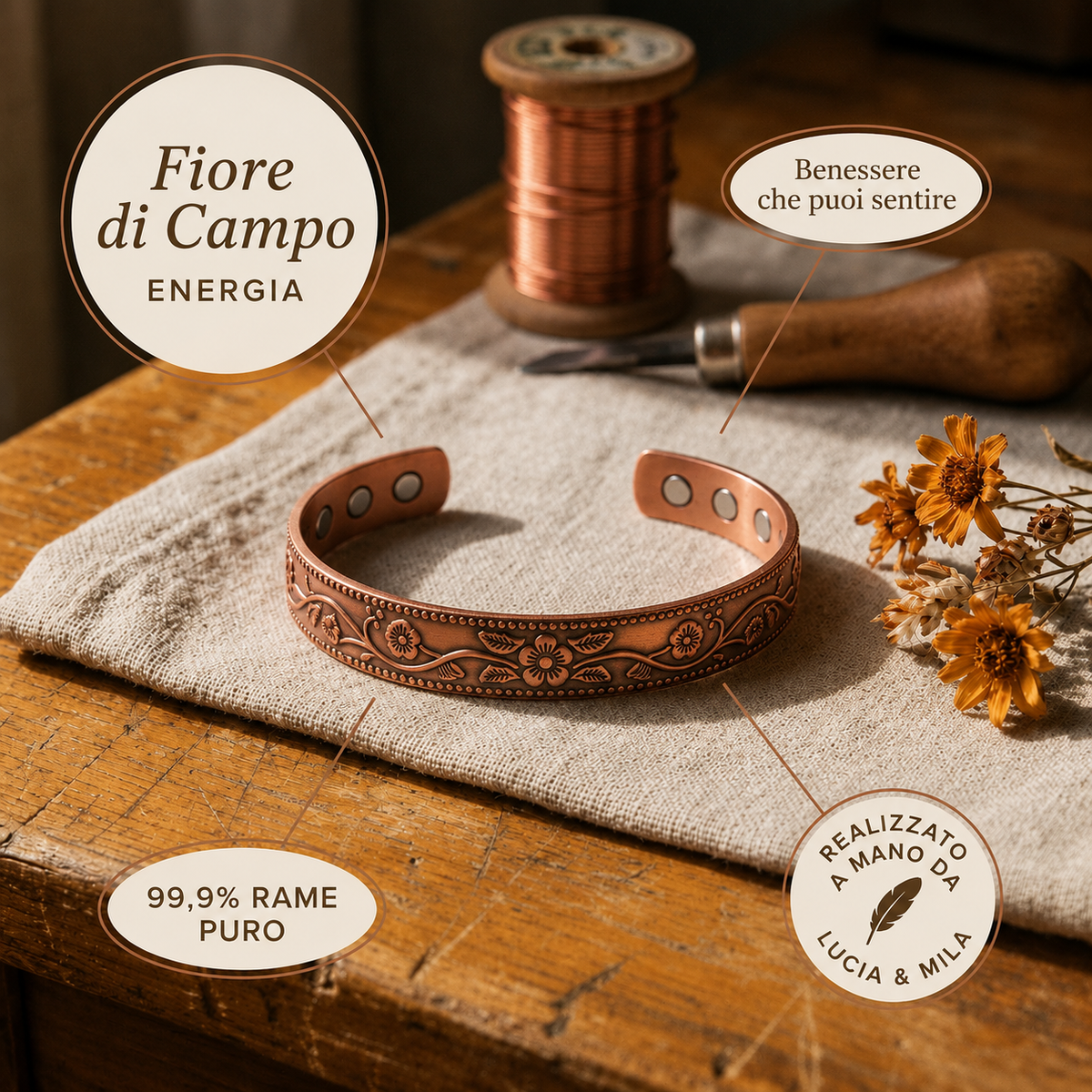 Pulsera de cobre forjado con magnete