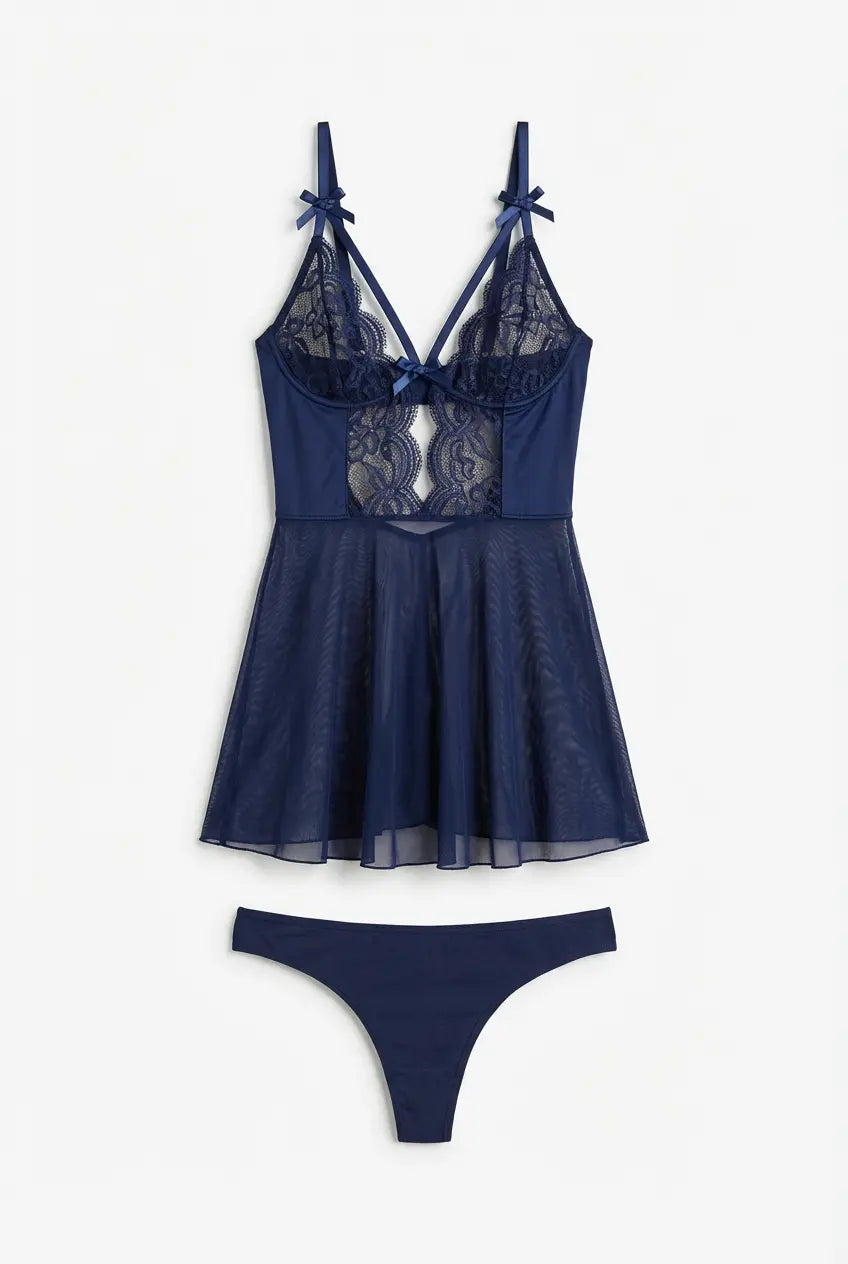 Midnight Lace | Sheer Babydoll Set with Thong