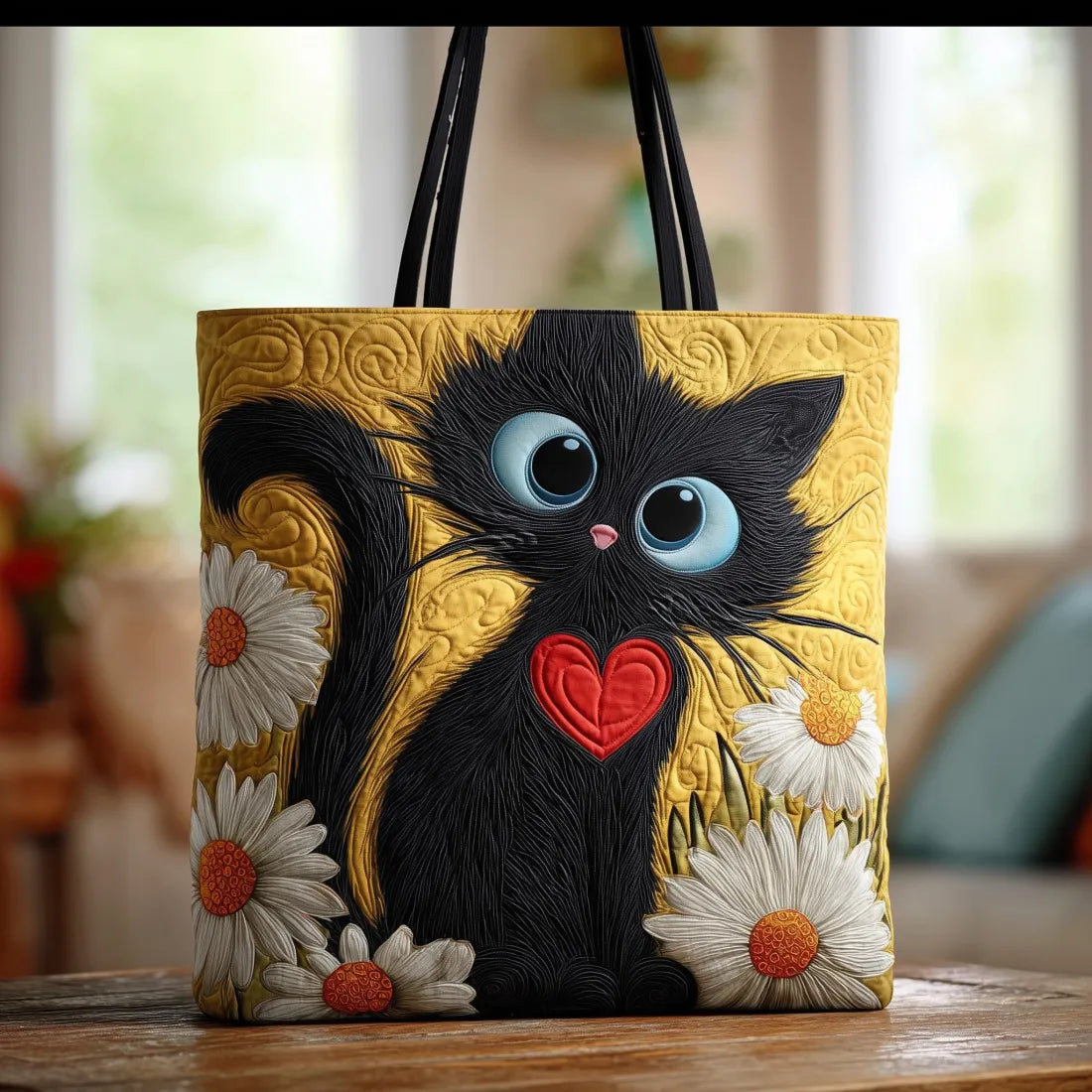 Bolso acolchado con gato negro y margaritas