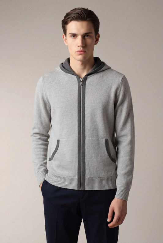 Santoni Hoodie Grey | Extrafine Zip-Up Knit Hoodie