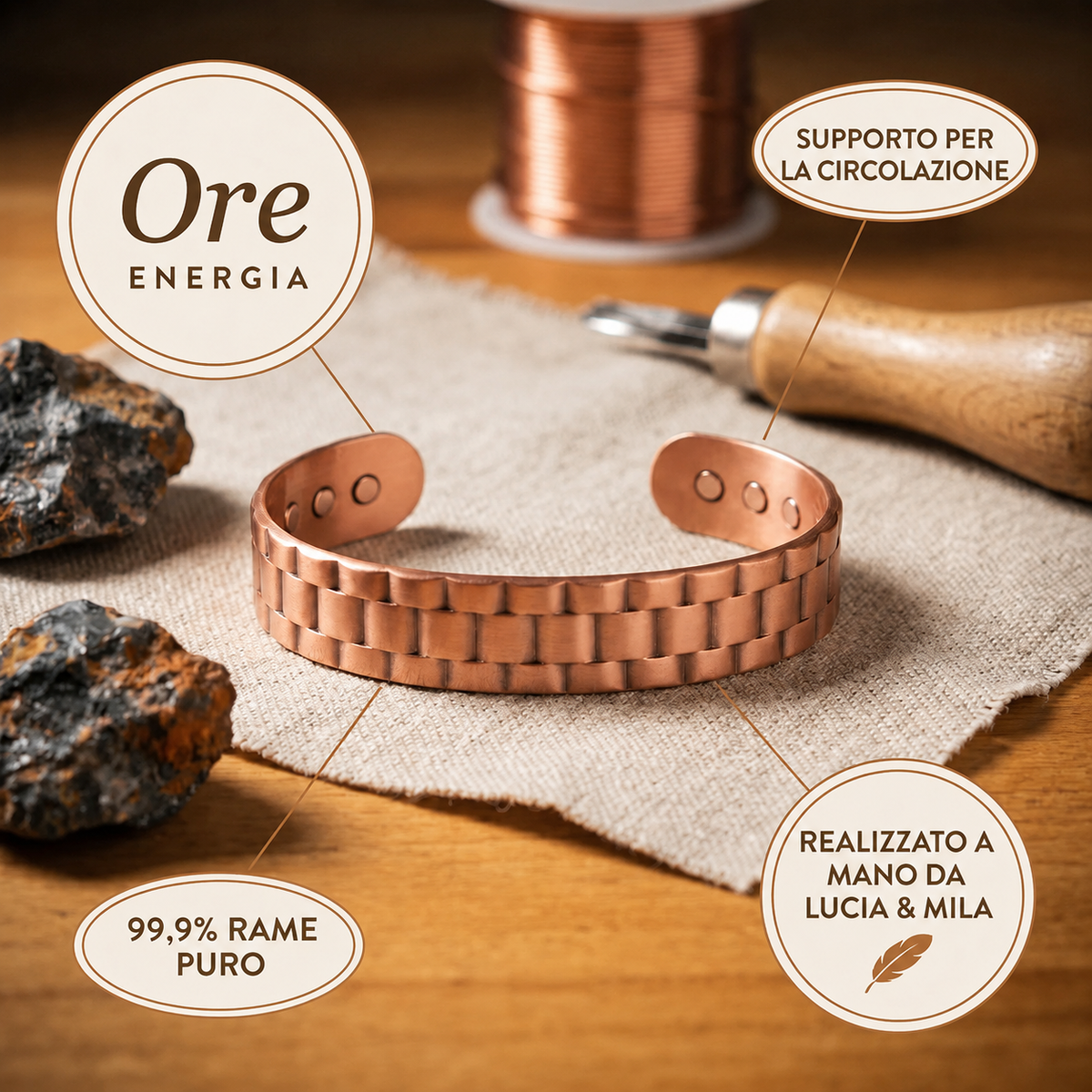 Pulsera de cobre martillado con magnete regulable