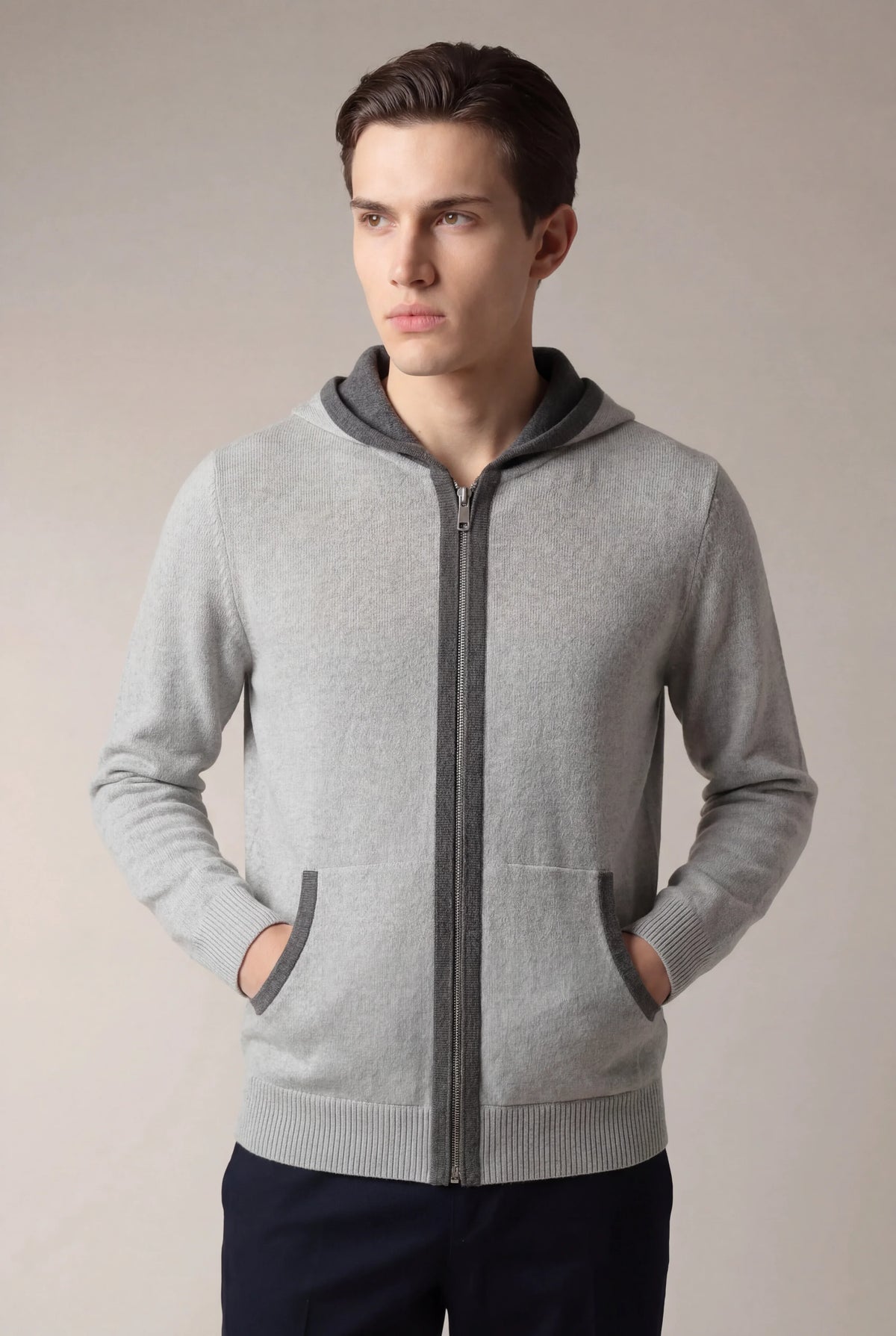 Santoni Hoodie Grey | Extrafine Zip-Up Knit Hoodie