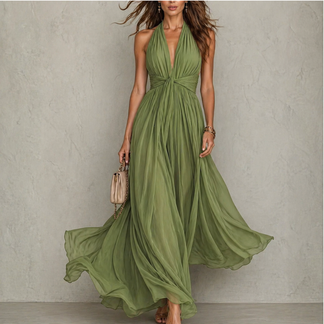 Vestido largo en gasa con escote halter