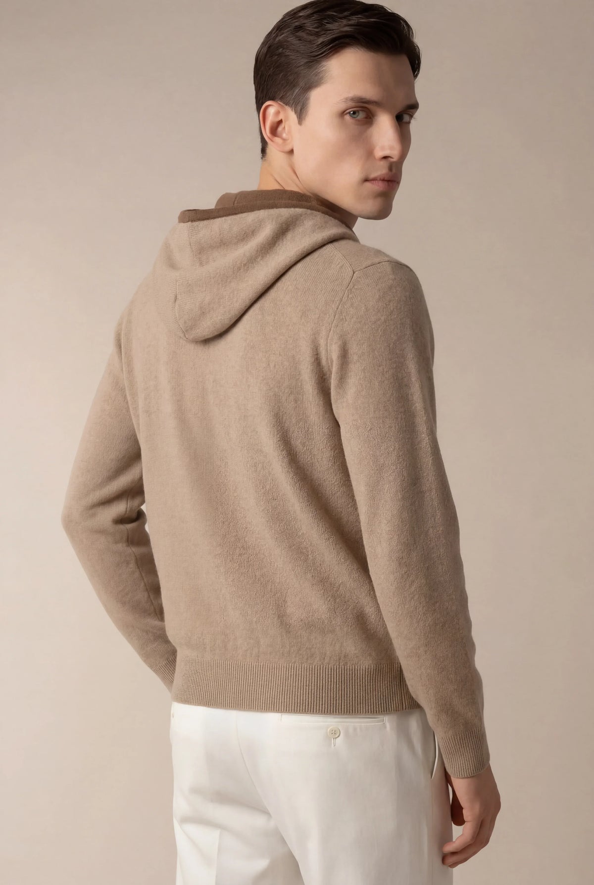 Santoni Hoodie Cream | Extrafine Zip-Up Knit Hoodie