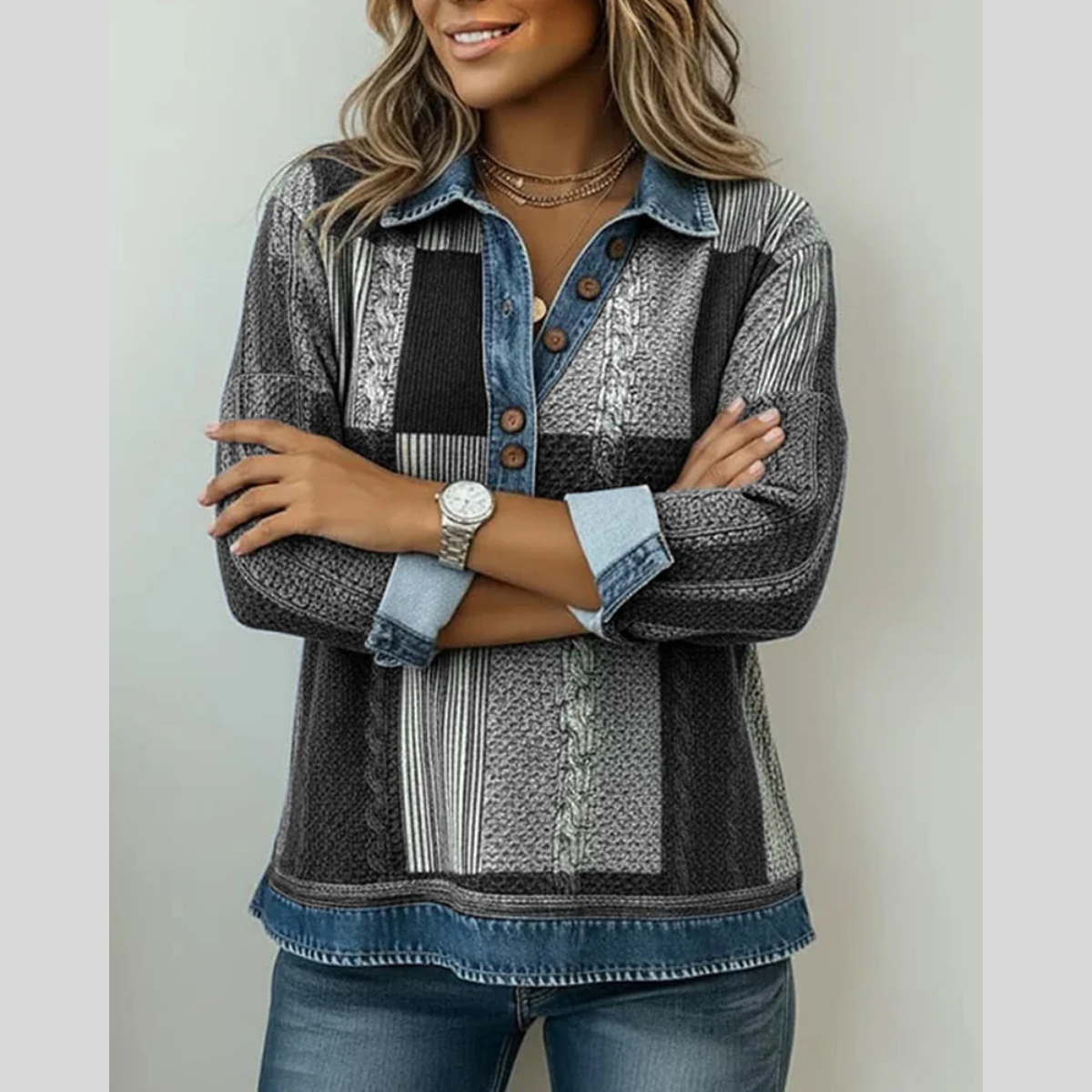 Blusa patchwork con cuello y botones